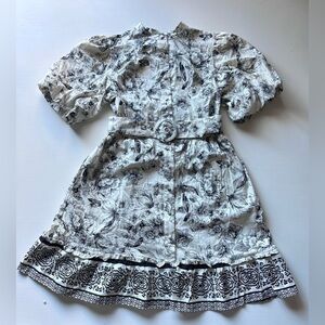 Joie Dress Womens White Black Floral Belted Puff Sleeve Belted Button Front